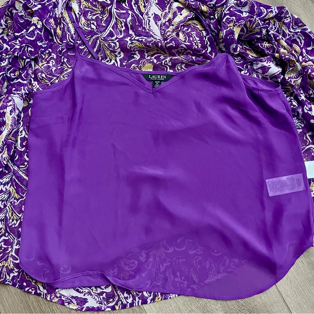 Lauren Ralph Lauren Top & Cami Purple XL/TG Floral Chiffon Ruffle SemiSheer Boho - Picture 12 of 13
